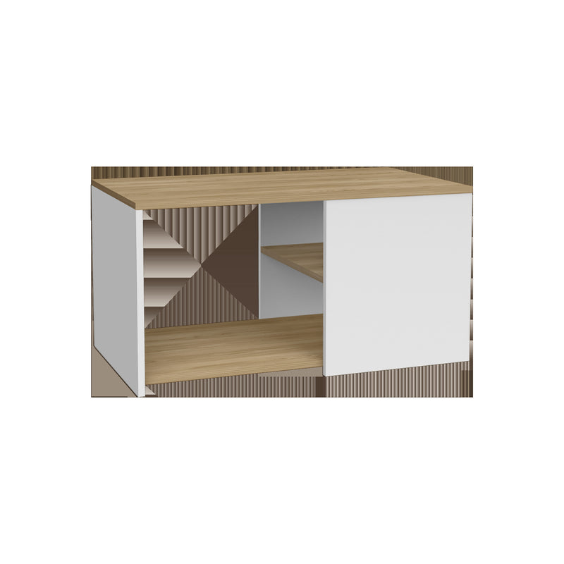 Natural wood coffee table with two shelves, white side panel, and open storage center