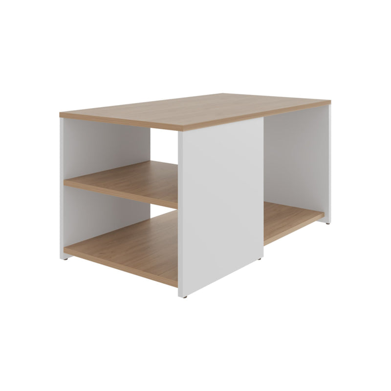 White and oak coffee table with two open shelves and lower platform, corner view