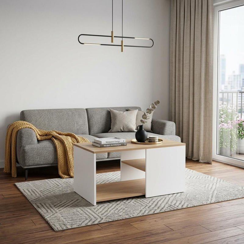 White and oak coffee table with open shelf compartment, square top and low cabinet frame