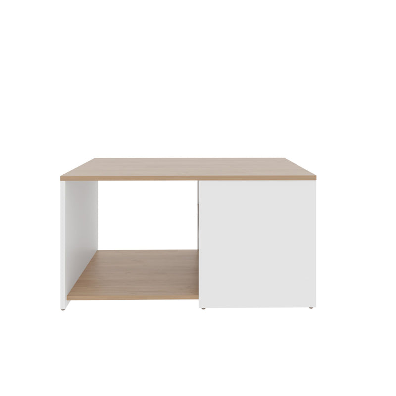 White and oak coffee table with open inner shelf, square top and side panel