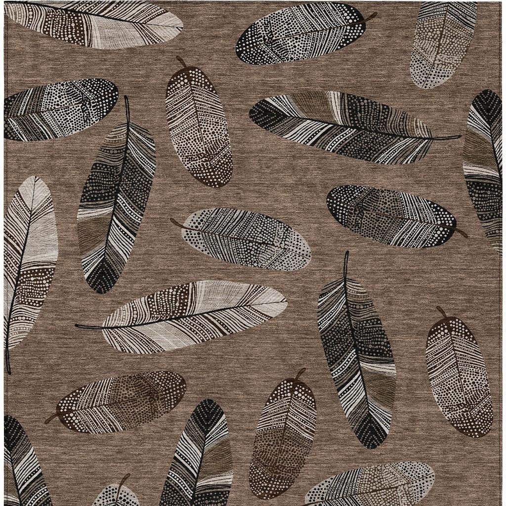 10' X 14' Brown And Ivory Botanical Leaves Washable Indoor Outdoor Area Rug - Sports & Outdoor