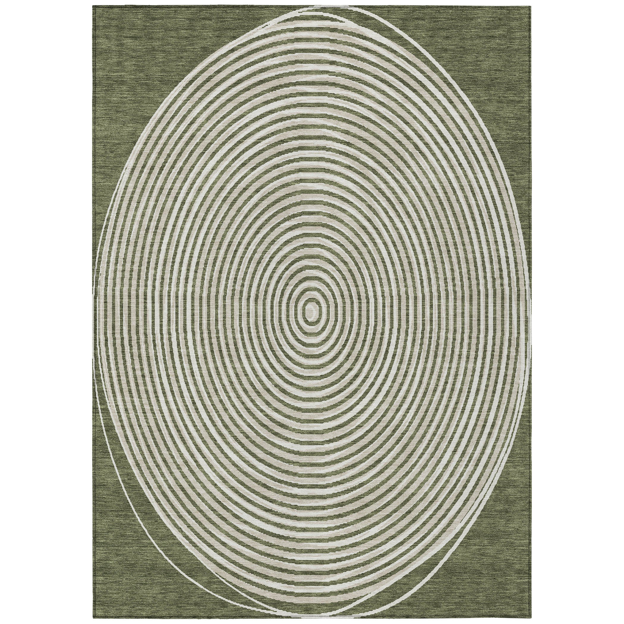 Green geometric area rug with white concentric circles design, perfect for a modern home decor update.