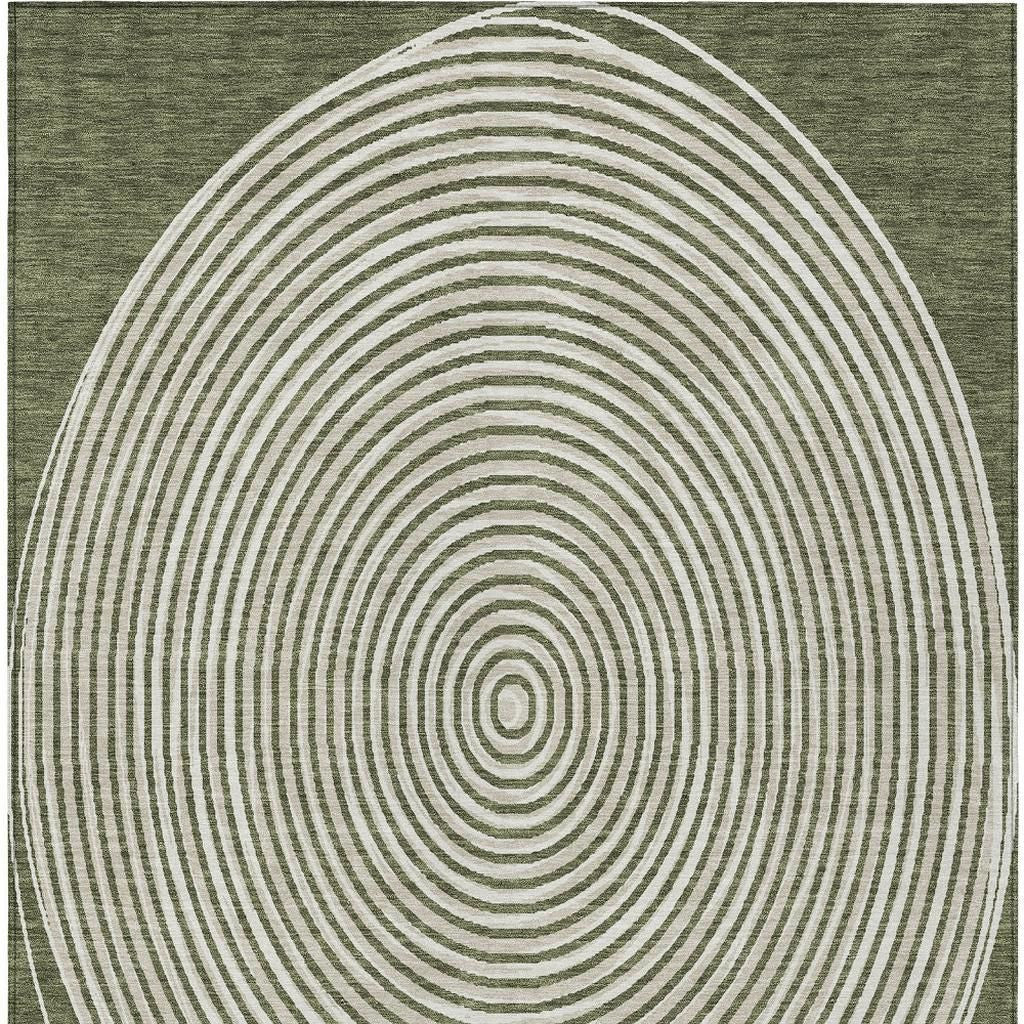 Green and beige geometric area rug with concentric circles, modern design, made of soft, durable materials.