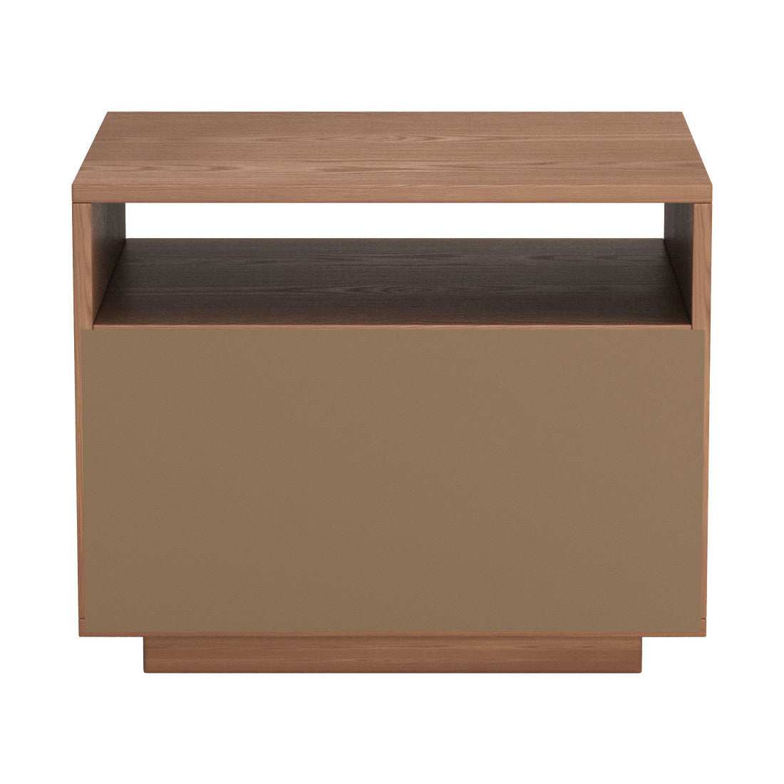 Natural wood nightstand with solid drawer front, open top shelf, front view