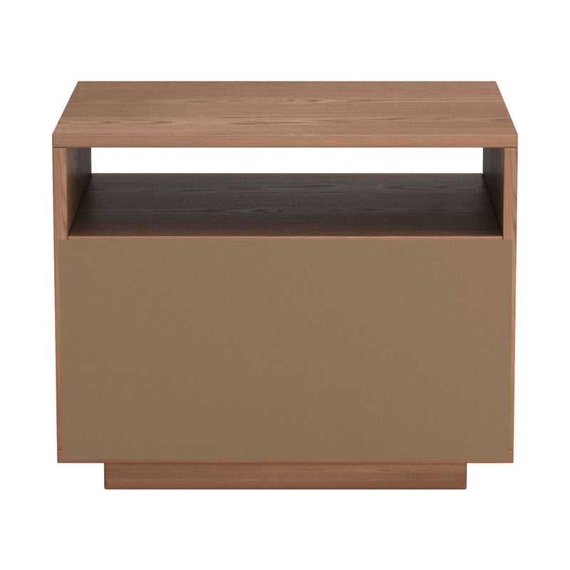 Natural wood nightstand with solid drawer front, open top shelf, front view