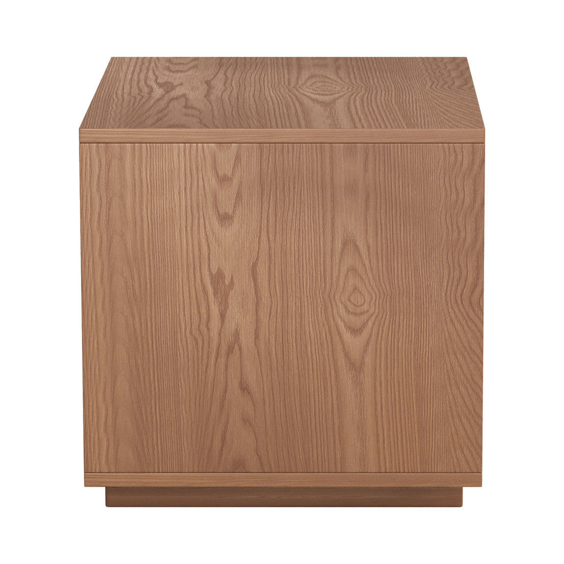 Natural wood nightstand side panel with wood grain, low profile, closed base