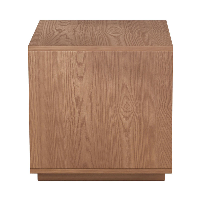 Natural wood nightstand side panel with wood grain, low profile, closed base