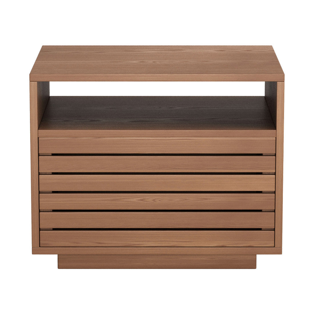 Natural wood nightstand with open shelf and shutter-style drawer fronts, front view