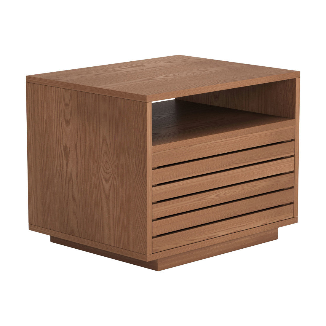 Natural wood nightstand with open compartment and shutter-style drawer fronts, angled view