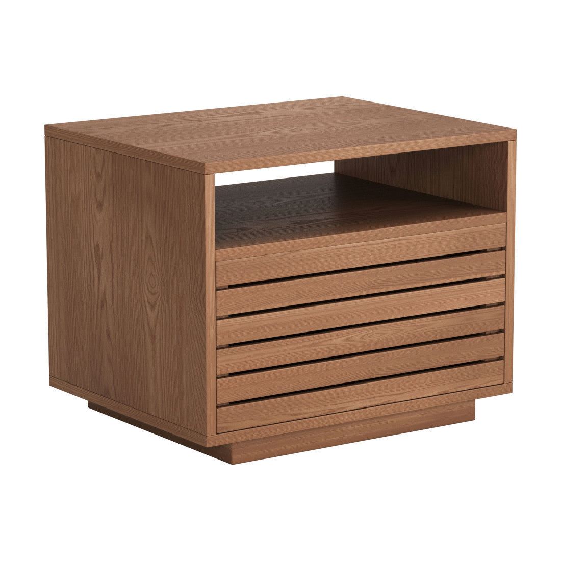 Natural wood nightstand with open shelf and shutter-style drawers, front three-quarter view