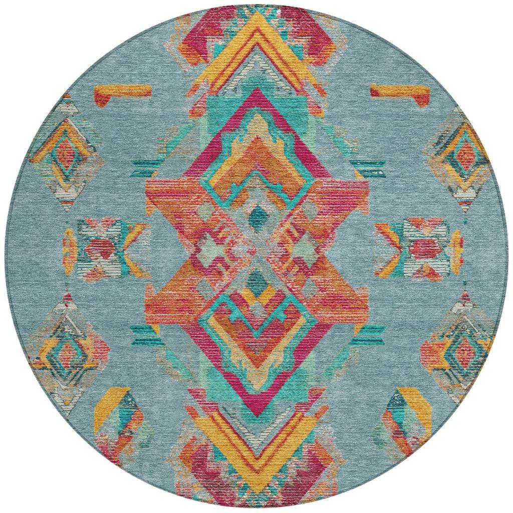 8' Teal Blue And Ivory Round Tribal Washable Indoor Outdoor Area Rug - Sports & Outdoor