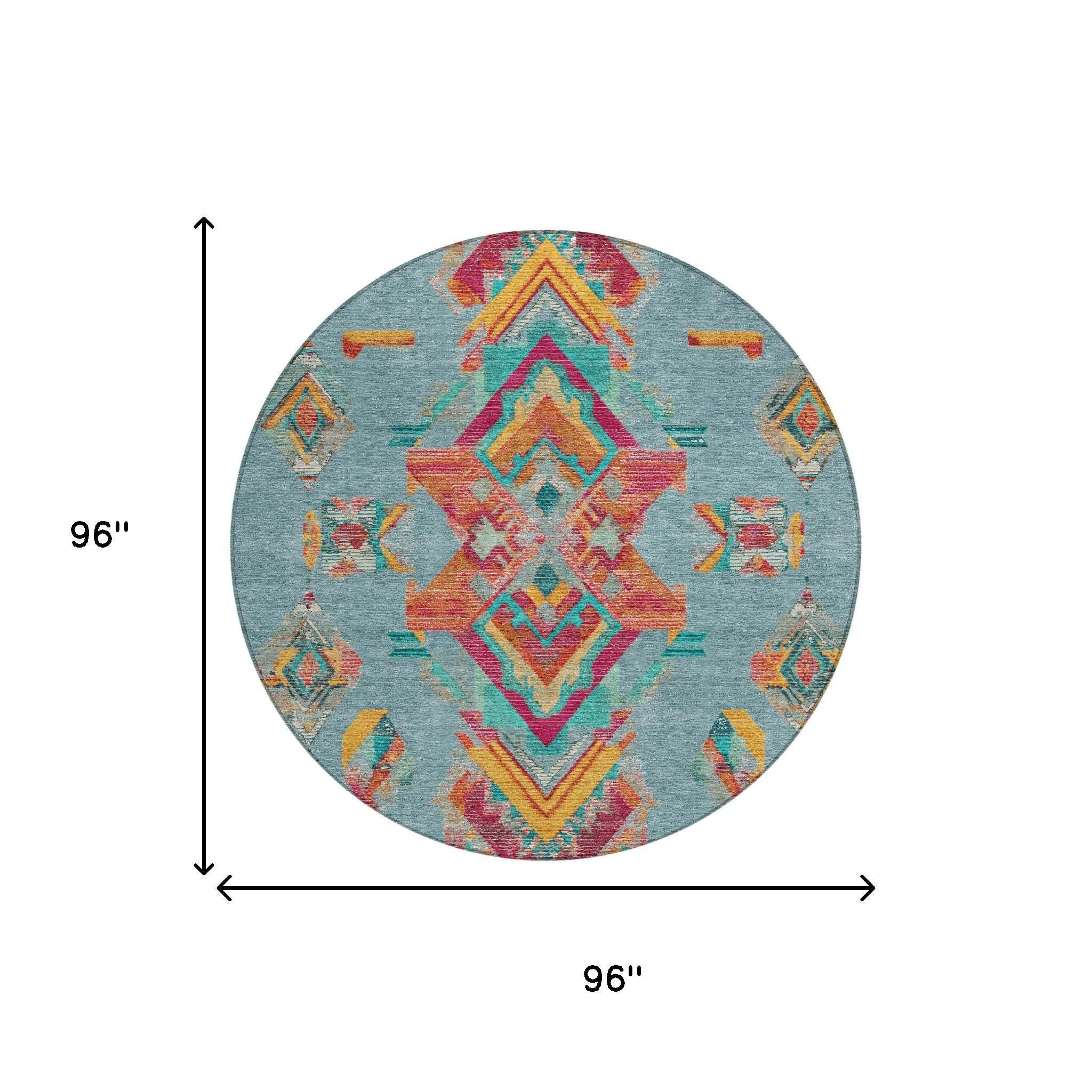 8' Teal Blue And Ivory Round Tribal Washable Indoor Outdoor Area Rug - Sports & Outdoor