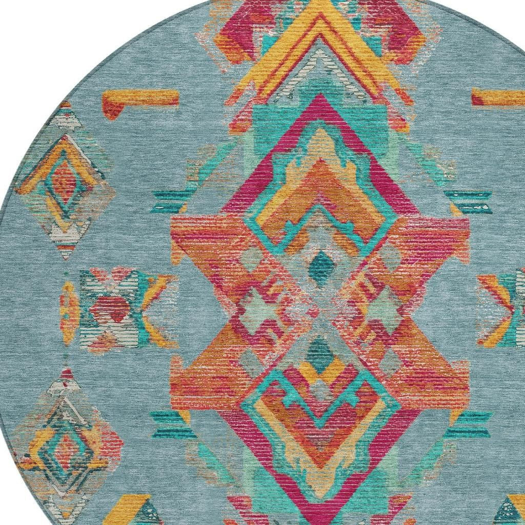 8' Teal Blue And Ivory Round Tribal Washable Indoor Outdoor Area Rug - Sports & Outdoor