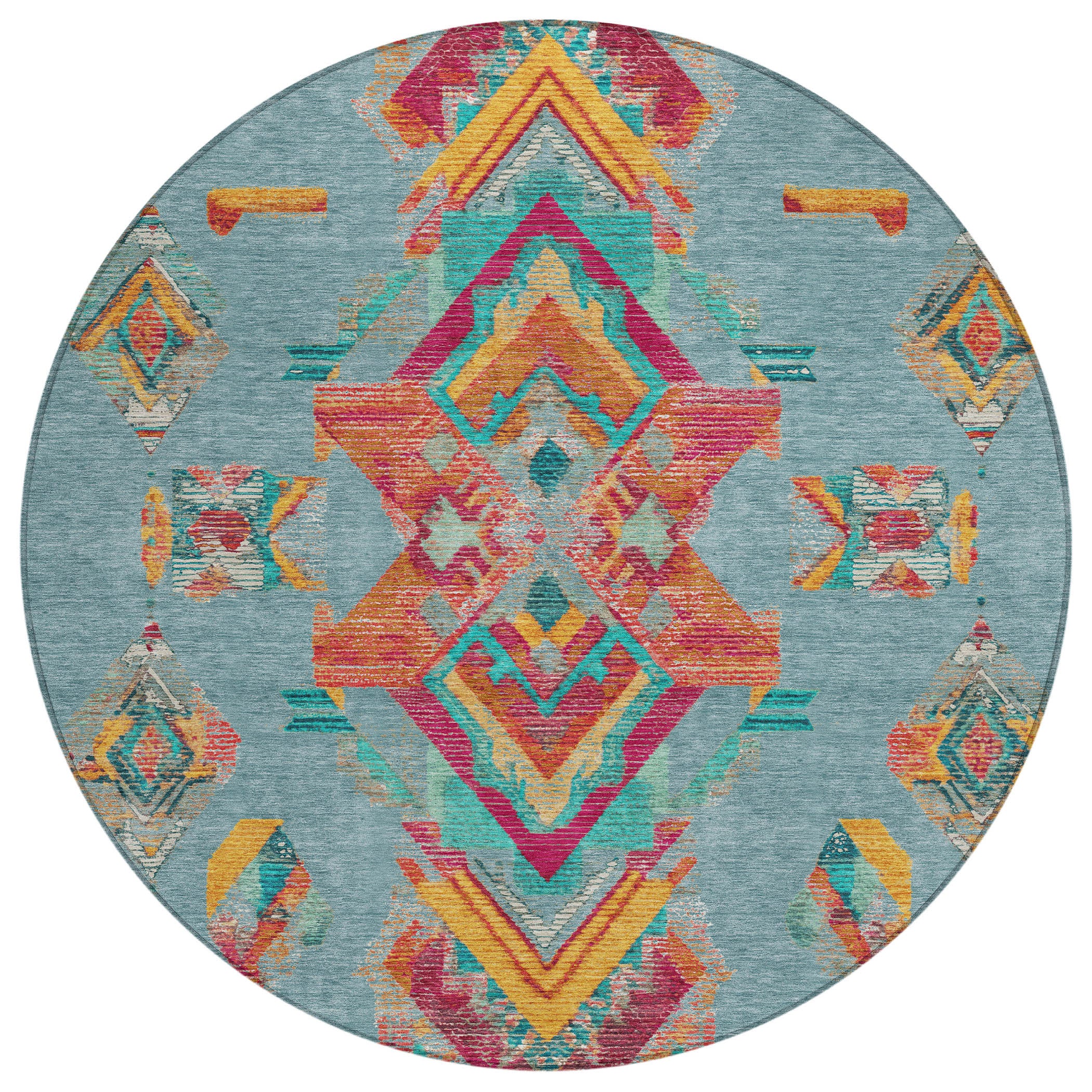 8' Teal Blue And Ivory Round Tribal Washable Indoor Outdoor Area Rug - Sports & Outdoor