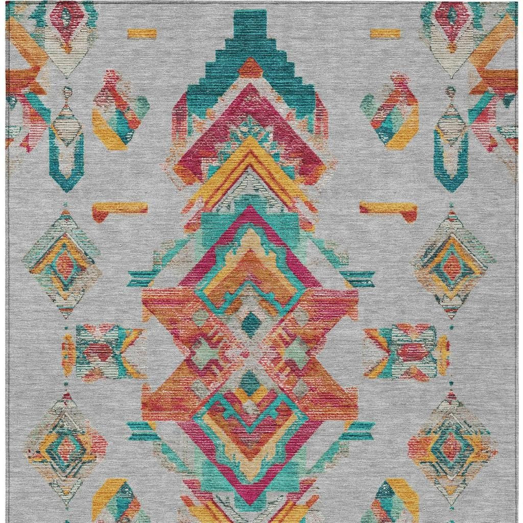 3' X 5' Silver And Ivory Tribal Washable Indoor Outdoor Area Rug - Sports & Outdoor