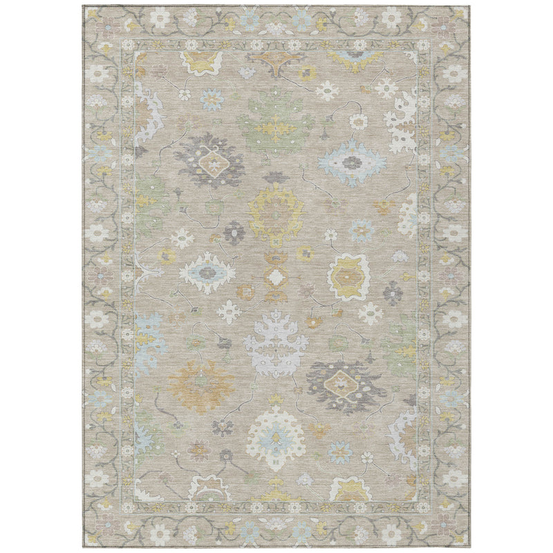 Full rectangular ivory and gray oriental area rug with faded pastel medallions and floral border