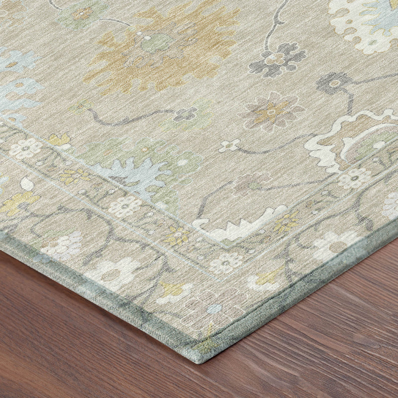 Corner of light ivory and gray oriental rug with distressed texture and muted pastel details