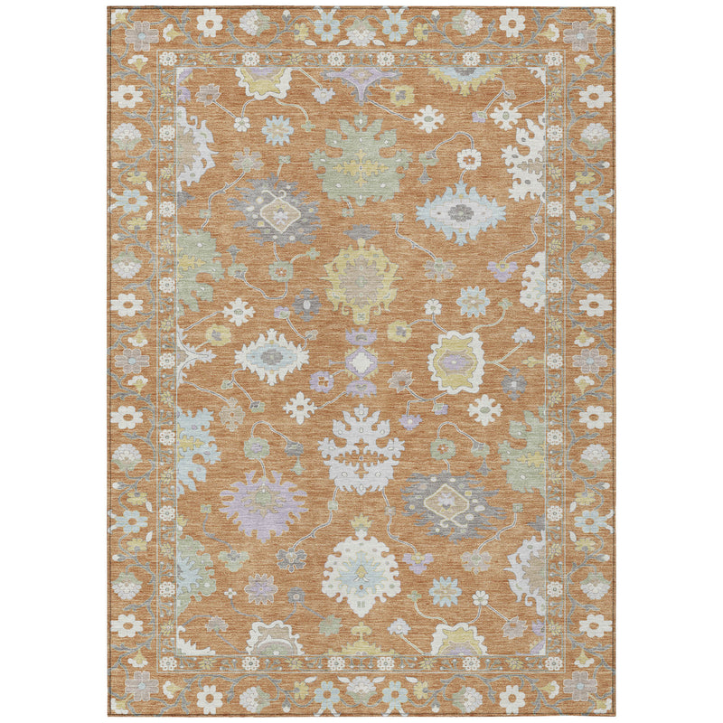 Copper and gold oriental area rug with light blue medallion and floral border