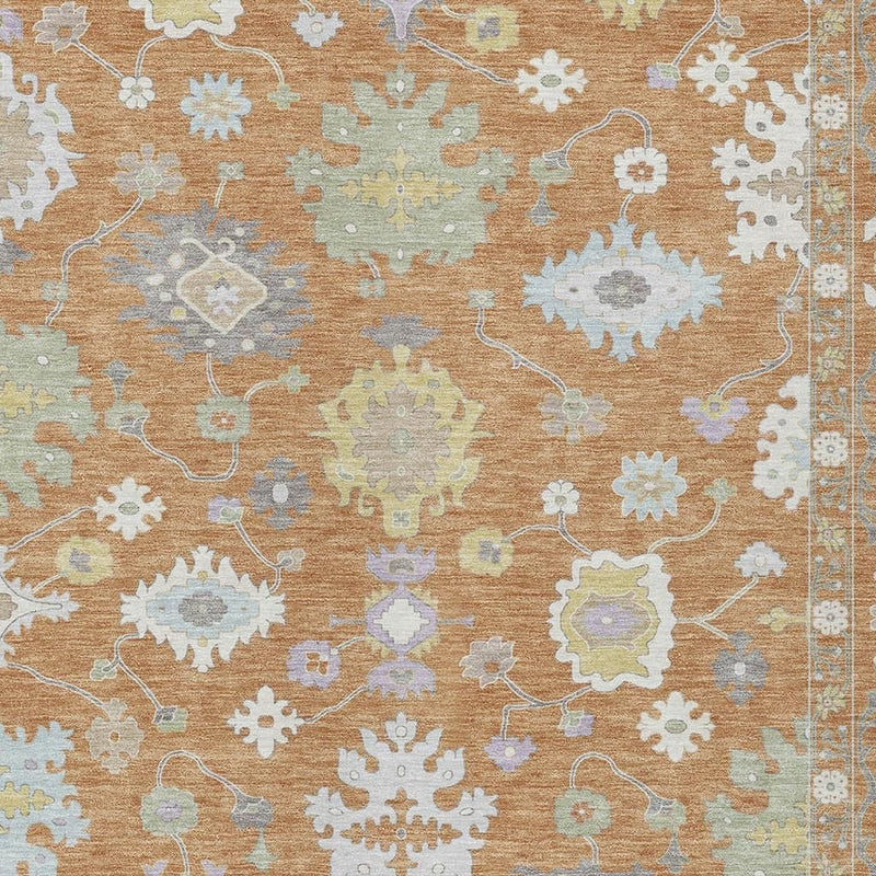 Indoor/outdoor area rug pattern detail, copper with light blue and cream floral medallions