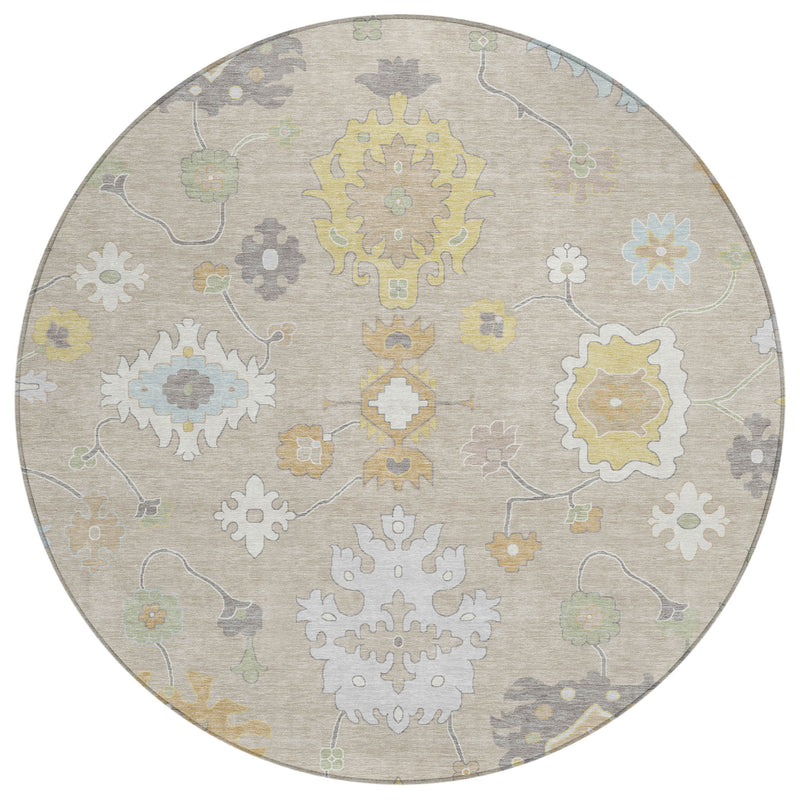 Round washable indoor outdoor rug with ivory-gray background and colorful geometric floral motifs