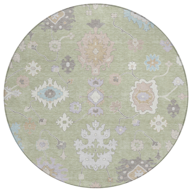 Full view round area rug featuring pastel rosette and floral pattern on light green