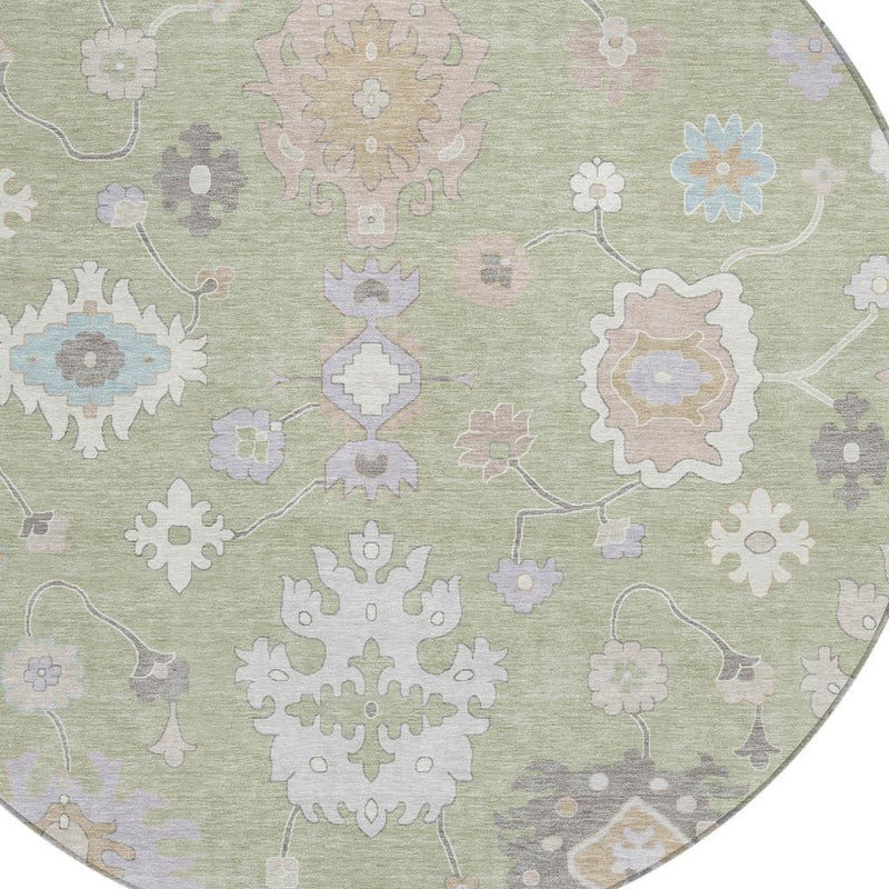 Round rug close-up: light green ground with connected vine and detailed floral icons