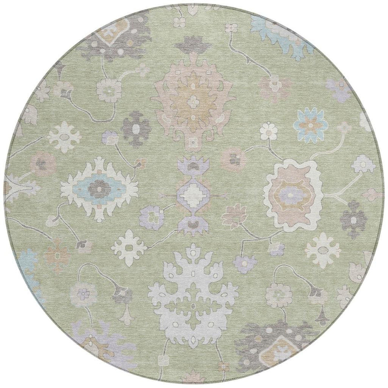 Round rug with light green background and multicolor oriental floral motif scatter
