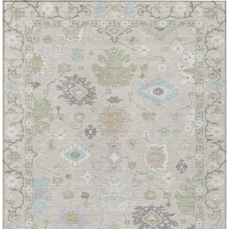 Straight-on view of light gray area rug with multicolor geometric and floral motif