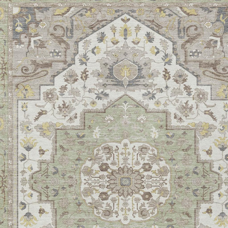 Close-up oriental pattern area rug with green center motif and cream, brown, and gold accents.