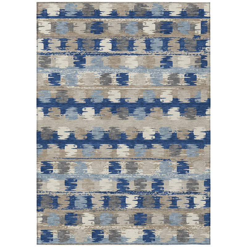 Full view abstract area rug with horizontal blue and cream distressed squares.