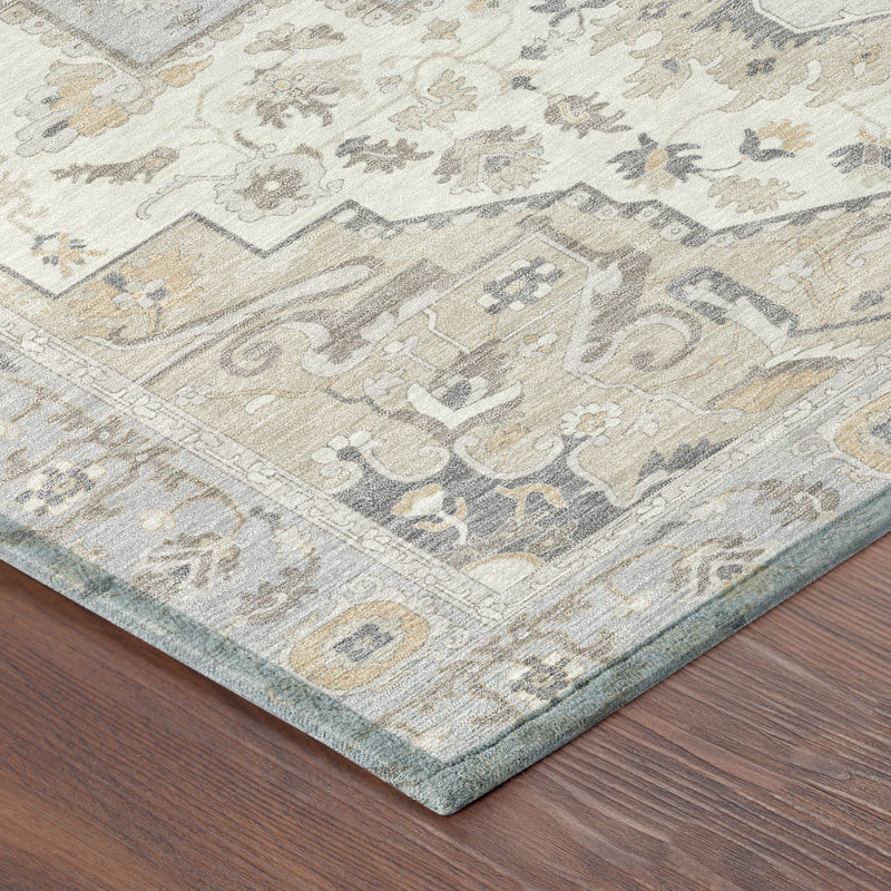Silver and fern green oriental area rug with ornate geometric motif and bordered edge
