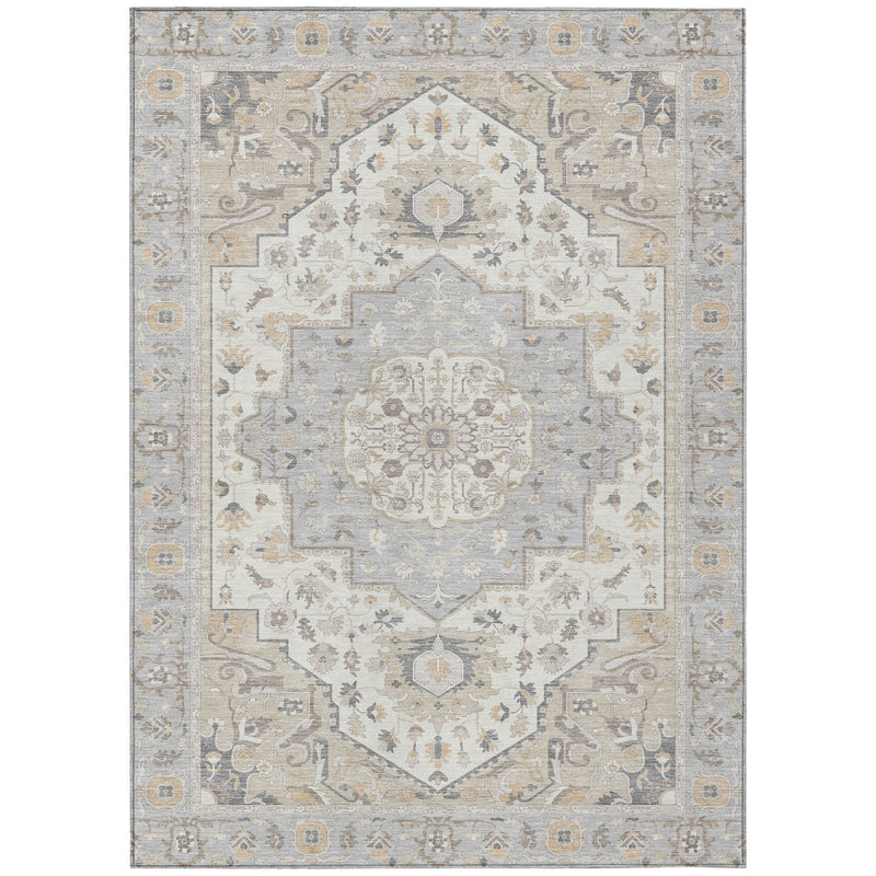 Silver and fern green oriental area rug, distressed medallion center and border