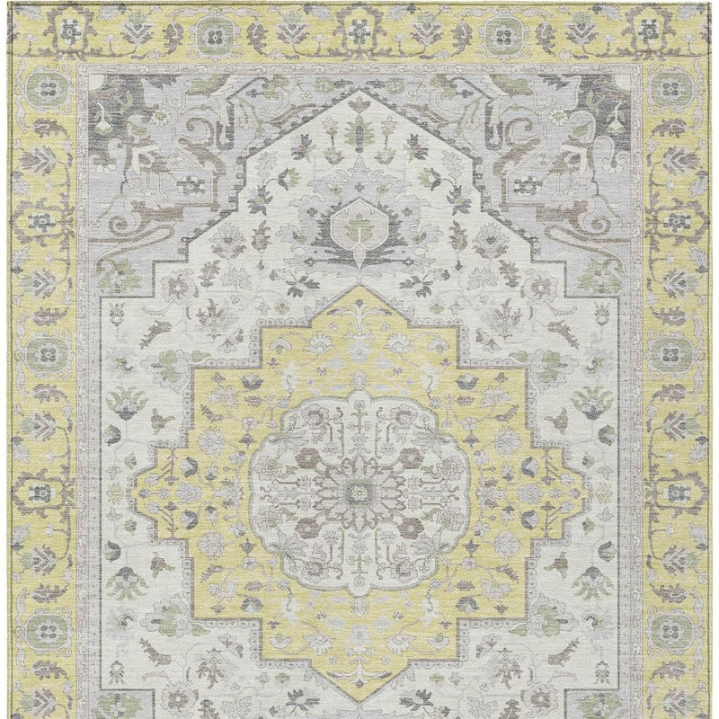 Oriental area rug center medallion in gray with yellow accents and ornamental border