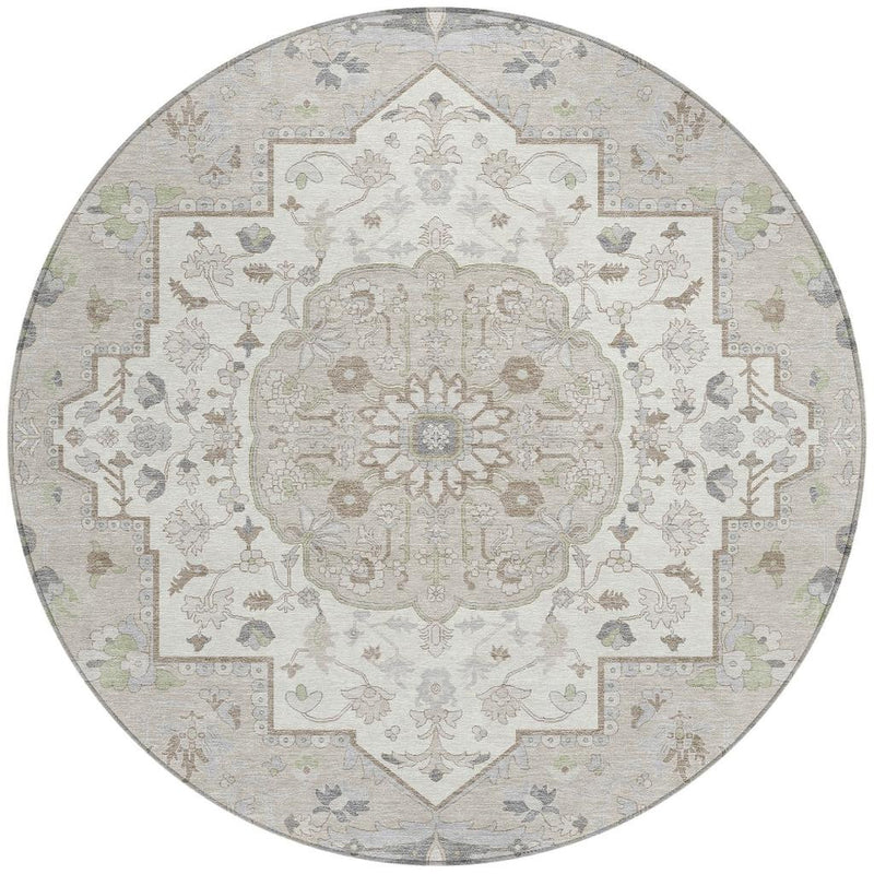 Round area rug in ivory with gray floral medallion and decorative corner panels