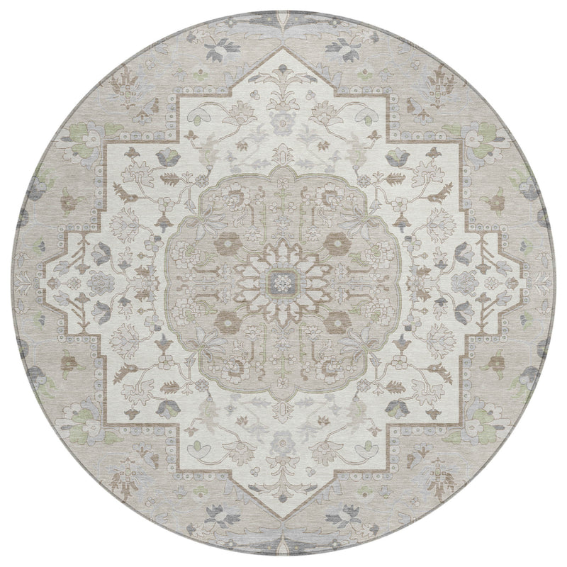 Ivory round area rug with symmetrical medallion design and small motif accents