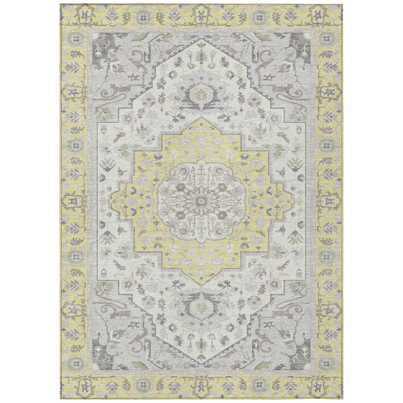 Area rug with symmetrical oriental pattern and central floral medallion in gray and yellow
