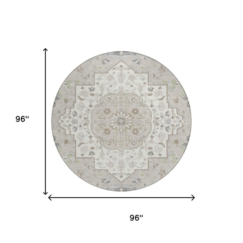 Round ivory area rug, 96 in diameter, with muted oriental medallion pattern
