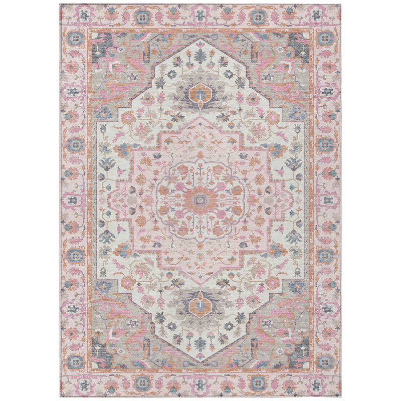 Pastel oriental area rug featuring a central medallion and pink, blue, gray decorative border
