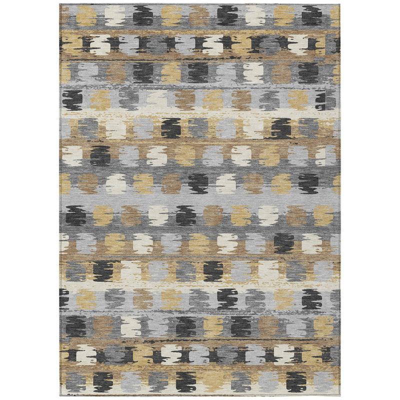 Abstract area rug full view with gray, brown, and gold distressed block pattern
