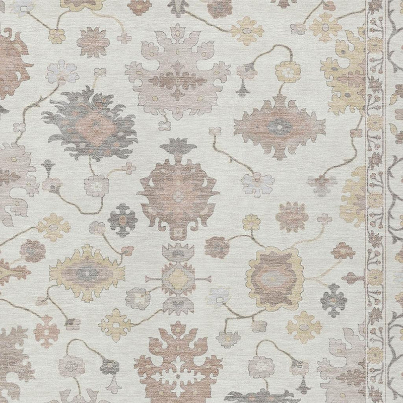 Close-up of ivory oriental rug pattern with gray, tan, and dusty rust floral medallions and lines