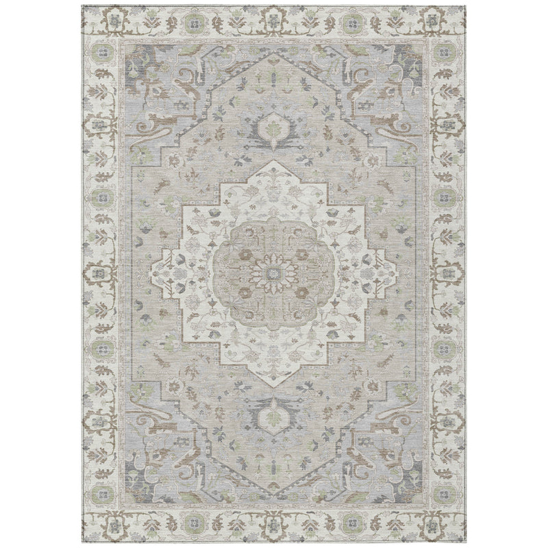 Ivory oriental area rug with central medallion and blue-gray fern green accents
