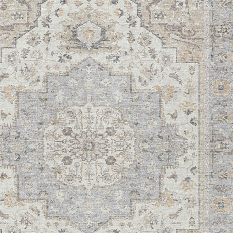 Oriental area rug close-up, ivory with light blue-gray damask motifs and borders