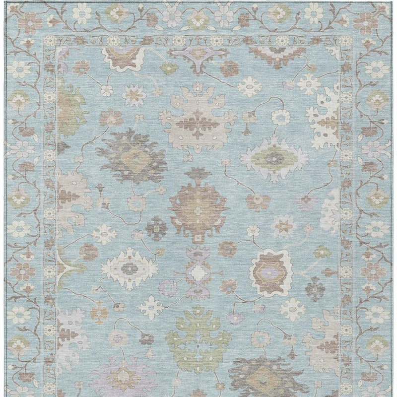 Sky blue oriental area rug with ornate cream and copper medallion pattern