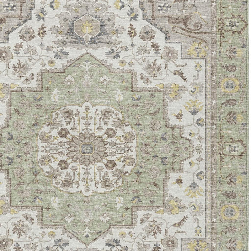 Oriental area rug center medallion with light green and cream scrollwork, subtle multicolor.