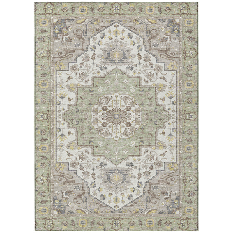 Rectangular oriental area rug with light green ground, cream floral medallion, multicolor accents.