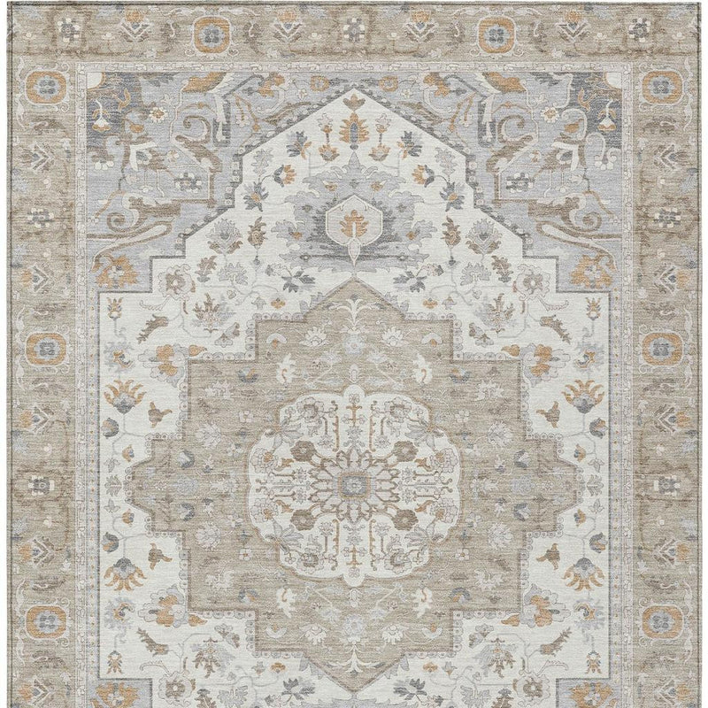 Beige and copper oriental area rug with symmetrical geometric corner design