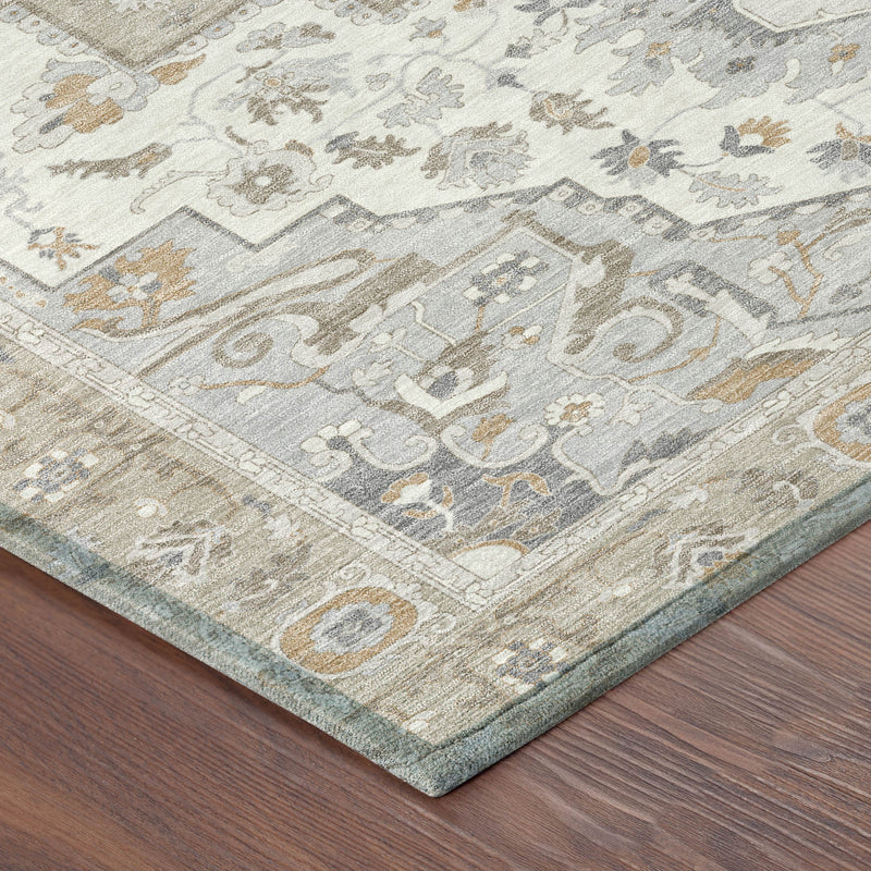 Beige and copper oriental area rug corner showing textured pile and pattern border