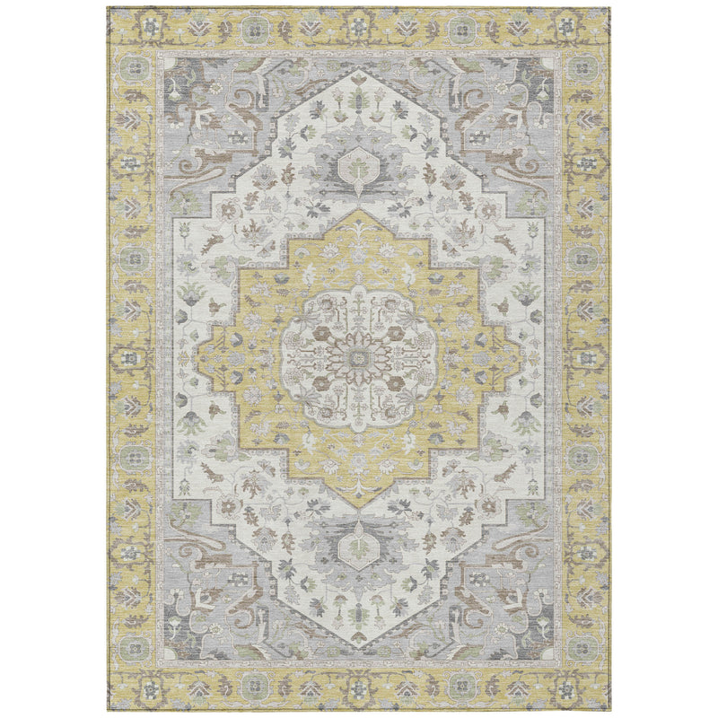 Indoor outdoor area rug full view with cream field, yellow center medallion, and border