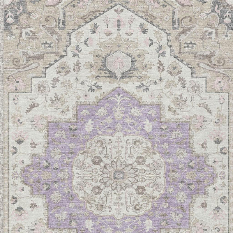 Lavender and cream oriental medallion area rug with geometric corner motifs