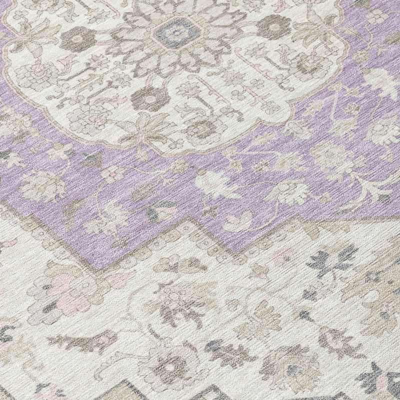 Close-up of lavender and cream patterned oriental area rug texture and motifs